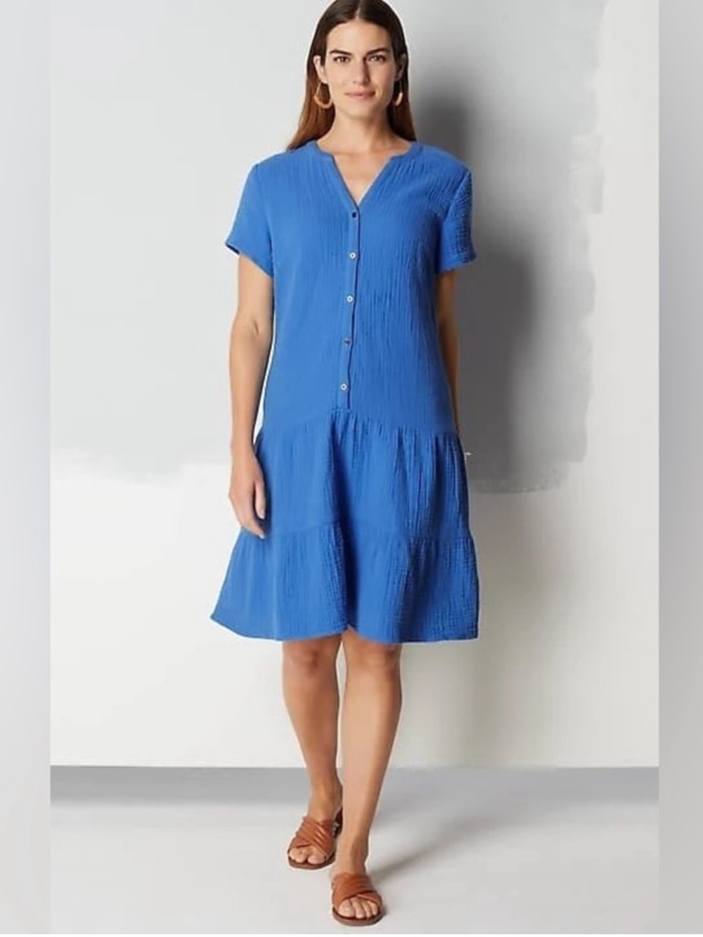 J.Jill Cotton-Gauze Tiered Dress Cyan Blue XL Petite XLP Coastal Casual.    G59